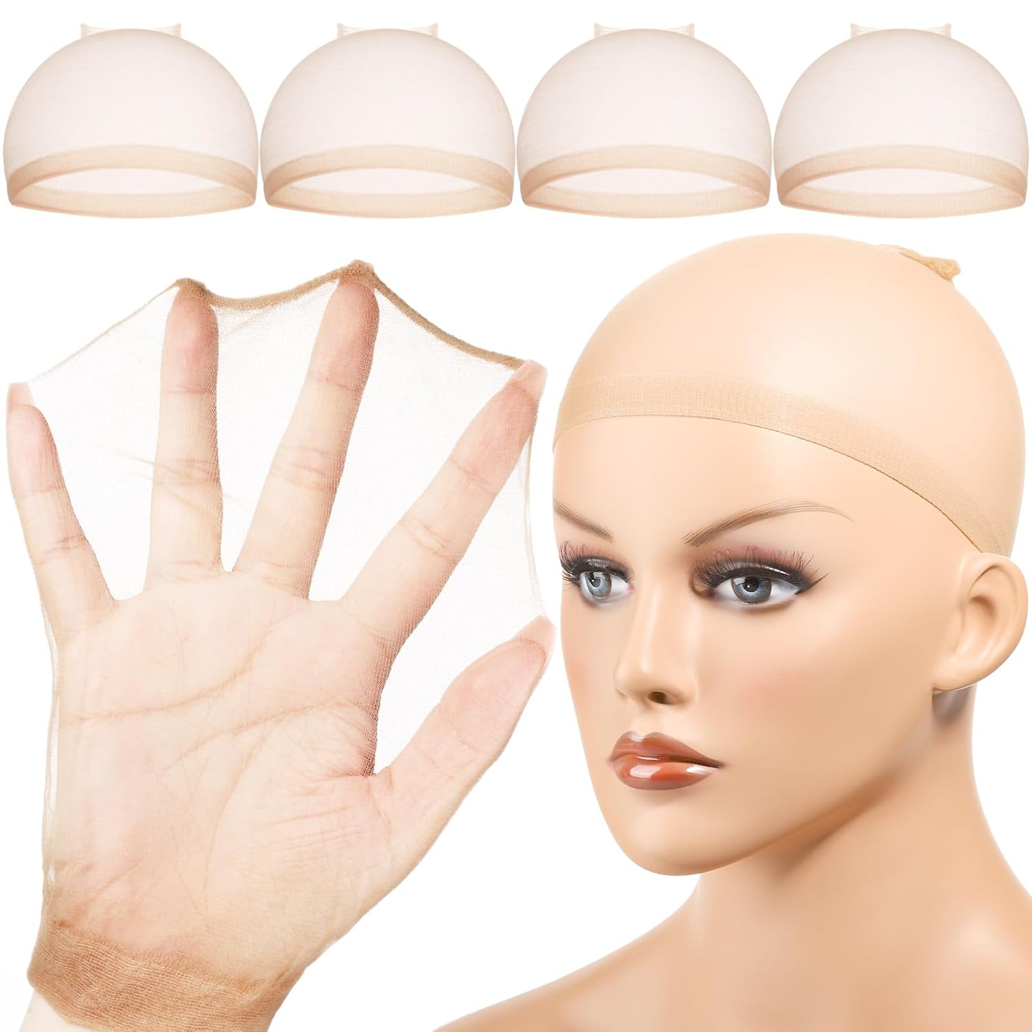Wig Cap Stocking - 4/12 Stück belüftete Nylon-Mesh-Nude-Strumpf-Perückenkappe, Haarnetze, dehnbar,